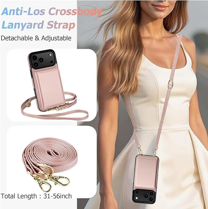 LOHASIC for iPhone 17 Pro Max Case Wallet with Detachable Crossbody Strap & Wrist Lanyard, RFID Blocking, 4 Card Slots 2 Cash Pockets, Leather Case with Card Holder for Women Girls, Rose Gold/Pink