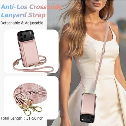 LOHASIC for iPhone 17 Pro Max Case Wallet with Detachable Crossbody Strap & Wrist Lanyard, RFID Blocking, 4 Card Slots 2 Cash Pockets, Leather Case with Card Holder for Women Girls, Rose Gold/Pink