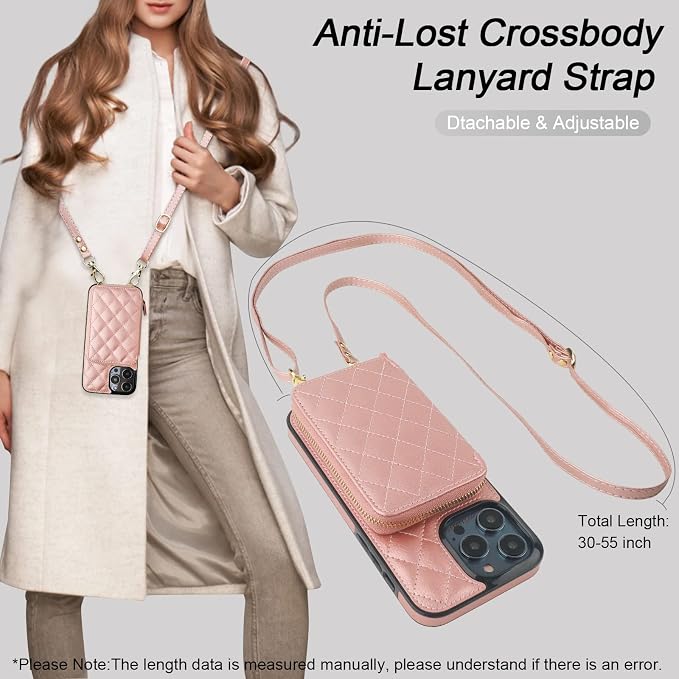 Bocasal Crossbody Wallet Case for iPhone 14 Pro Max, RFID Blocking PU Leather Zipper Handbag Purse Flip Cover, Kickstand Folio Case with Card Slots Holder Wrist Strap Lanyard 5G 6.7 Inch (Rose Gold)