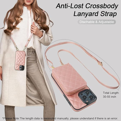 Bocasal Crossbody Wallet Case for iPhone 14 Pro Max, RFID Blocking PU Leather Zipper Handbag Purse Flip Cover, Kickstand Folio Case with Card Slots Holder Wrist Strap Lanyard 5G 6.7 Inch (Rose Gold)