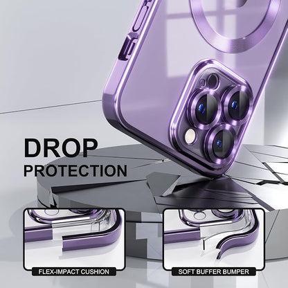 Misea Magnetic for iPhone 14 Pro Max Case Compatible with MagSafe [Never Yellowing] [Military Grade Drop Protection] Full Camera Lens Protector Plating Soft Clear Phone Case for Women Girls, Purple
