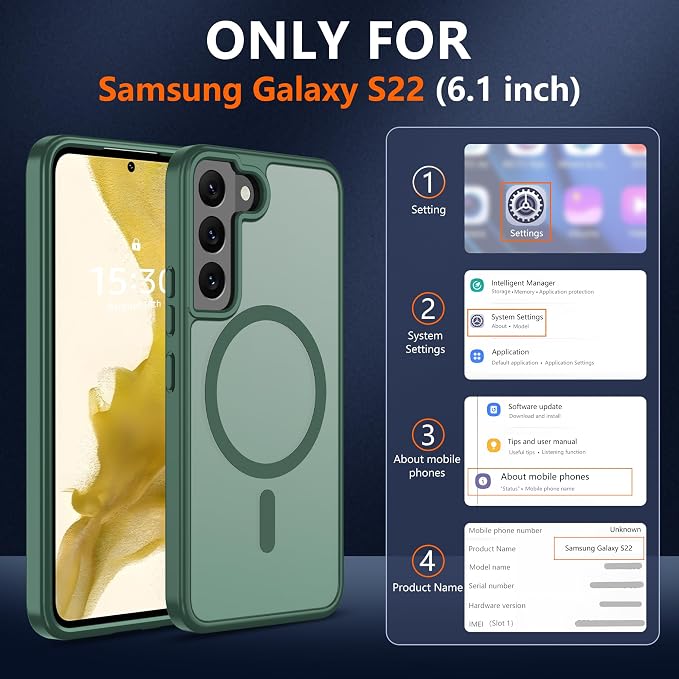 Pilaru for Samsung Galaxy S22 Case [Compatible with Magsafe] Translucent Matte Magnetic Phone Case,Slim Thin Duty Shockproof Protection Cover with 2pc HD Screen Protector-Dark Green