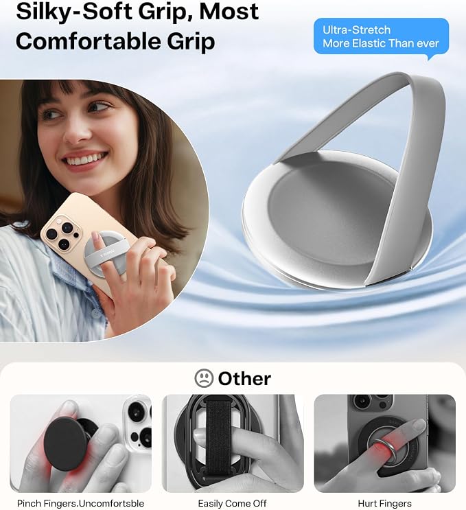 TORRAS 2026 Upgraded (Gen 7.0) Magnetic Phone Grip Ring Stand Holder, Comfortable Silicone Ring, Compatible with MagSafe Accessories 4-in-1 Kickstand for iPhone 17 pro max 16 15 14 13, Android,Silver