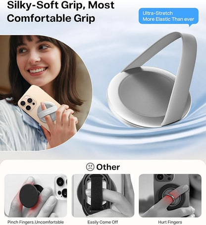 TORRAS 2026 Upgraded (Gen 7.0) Magnetic Phone Grip Ring Stand Holder, Comfortable Silicone Ring, Compatible with MagSafe Accessories 4-in-1 Kickstand for iPhone 17 pro max 16 15 14 13, Android,Silver