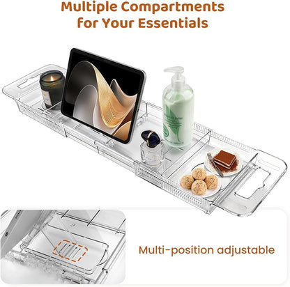 Expandable Bathtub Tray, Foldable Bath Tray for Tub, Acrylic Bath Table Trays Storage Rack, Bath Tub Tray for Bathtub & Bathroom Accessories (Transparent Bathtub Tray, 22"L x 7.8"W x 1.7"H)