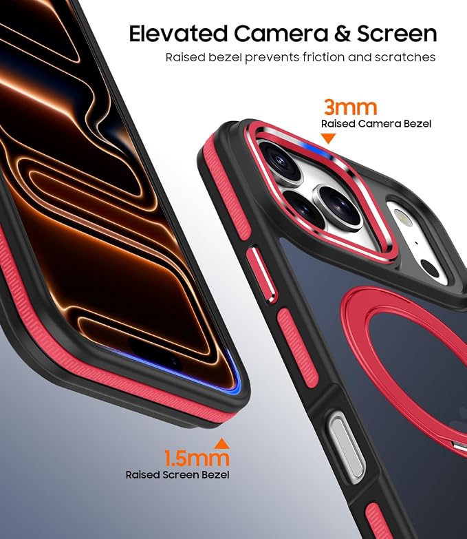 for iPhone 17 Pro Case with 360 Magnetic Ring Stand, Fit MagSafe, Military-Grade Shockproof Protection, Non-Slip Slim Translucent Protective Phone Cover, Red
