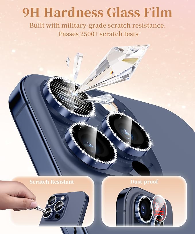 GolbinBox Camera Lens Protector for iPhone 15 Pro/15 Pro Max, 1:1 Invisible Fit, 9H Tempered Glass Ultra HD Metal Individual Camera Cover for Women, Case Friendly, Bling/Deep Blue