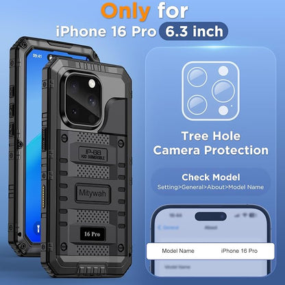 Mitywah Waterproof Case for iPhone 16 Pro, Shockproof Heavy Duty Case with Built-in Screen Protector, Underwater Full Body Protective Metal Case 6.3 inch, Black
