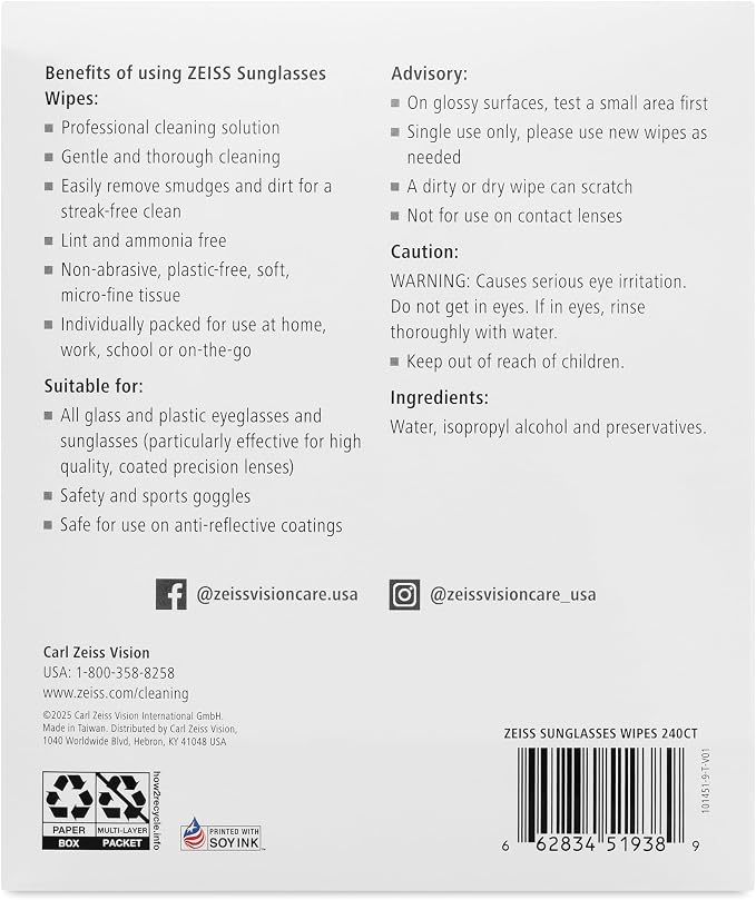 ZEISS Pre Moistened Sunglasses Cleaning Wipes 240 Count