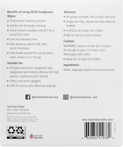 ZEISS Pre Moistened Sunglasses Cleaning Wipes 240 Count