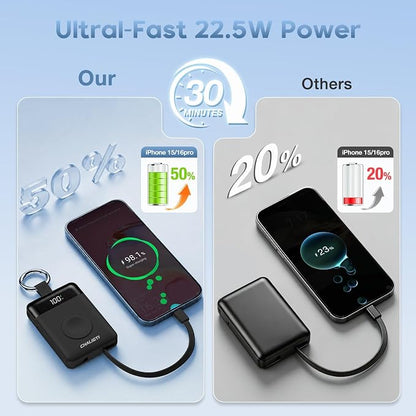 10000mAh Portable Charger,PD 22.5W Super Fast Charging Power Bank with Built-in Cables, Travel Keychain Battery Pack for iPhone 17/16/15/14/13/12,Apple Watch Ultra/11/10/9/8/7/6/SE (Black)