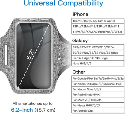 JETech Phone Armband Holder with Key Holder and Card Slot for Phone Upto 6.2 inch, iPhone 16e/16/15 Pro/15/14 Pro/14/13 Pro/13, Galaxy S23/S22, Pixel 8a, Water Resistant, Adjustable Band (Grey)