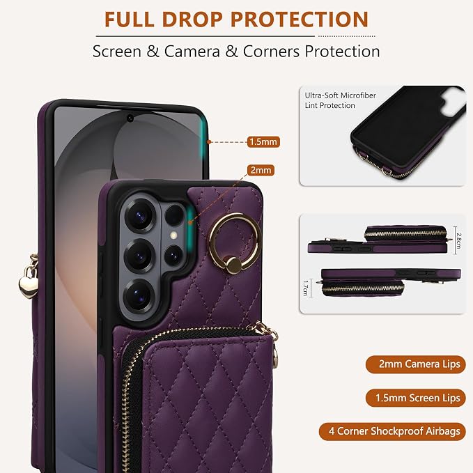 Keallce Case for Samsung Galaxy S26 Ultra 6.9'' Wallet Case,Crossbody Zipper Purse Wrist Strap Lanyard Handbag,RFID Blocking Card Slots,Flip Leather Cover for Samsung S26 Ultra,Darkpurple