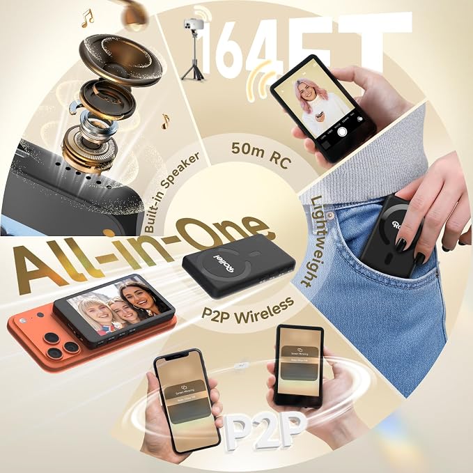 Rollei M4 Selfie Monitor Screen for iPhone 17 Series & Android, 4K Magnetic Back Camera Monitor 164FT Wireless Control, Vlog Screen for Live Streaming & Video Recording