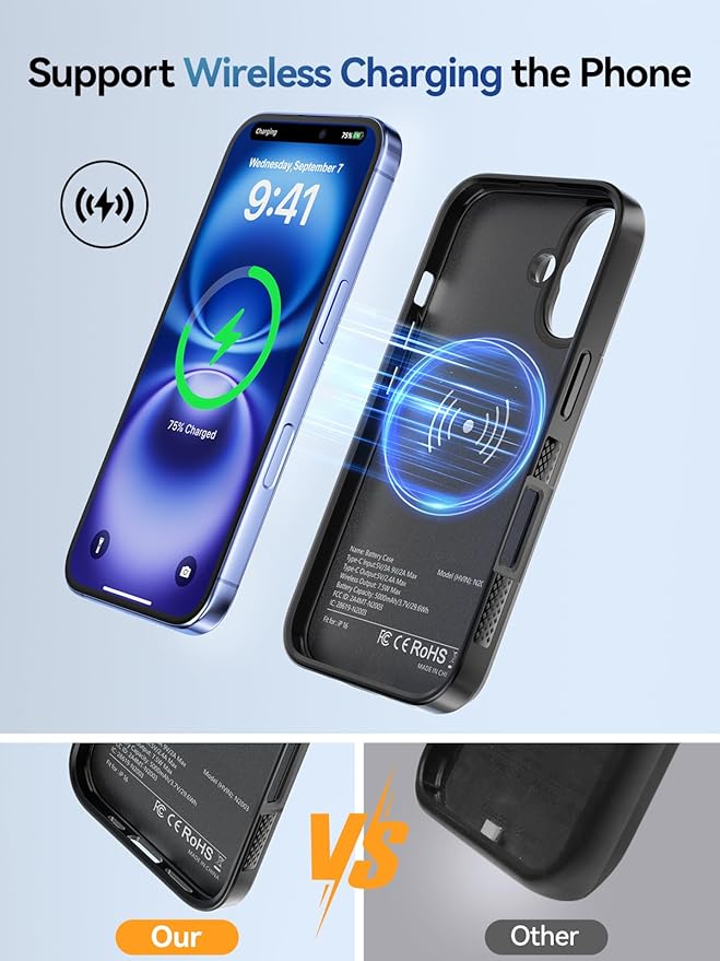 NEWDERY Upgraded Battery Case for iPhone 16, 5000mAh USB C Portable Power Bank, CarPlay, Sync-Data Supported, Rechargeable Charger Case Compatible with iPhone 16 6.1", Black