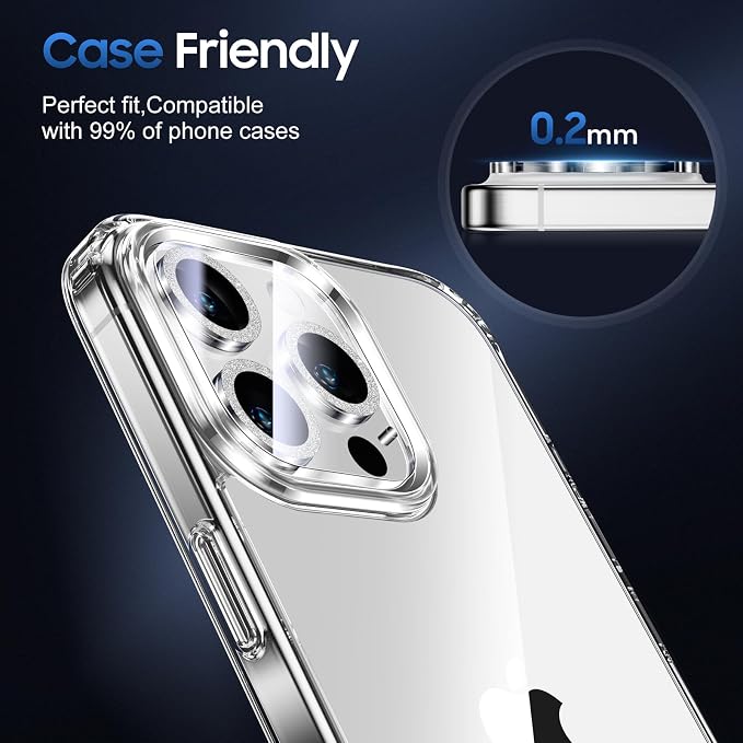UniqueMe for 3 Pack iPhone 15 Pro/iPhone 15 Pro Max Camera Lens Protector, [Drop Protection] [Case Friendly] 9H Tempered Glass Camera Cover Screen [Update New Version] - Glitter Silver