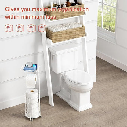 Goozii White Toilet Paper Holder Stand with Shelf, Free Standing Bathroom Tissue Holder for Large Mega Rolls, Metal Floor Toilet Paper Roll Holder with Wipes Storage and Phone Tray (White)