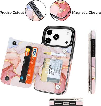 uCOLOR for iPhone 17 Pro Wallet Case with Card Holder PU Leather RFID Blocking Design iPhone 17 Pro flip case for Women Men Magnetic Clasp Kickstand Design 6.3 inch (Pink Purple Marble)