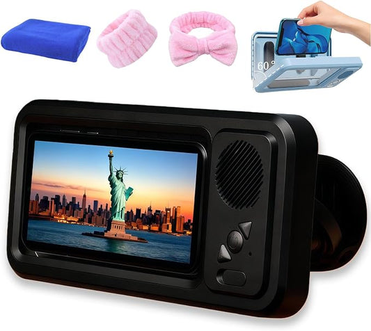 Shower Phone Holder with Speaker,Waterproof Phone Holder for Shower - Built-in Wireless Bluetooth Speaker,360° Rotation Ipx4 Waterproof, Enhanced Sound, for Bathroom, Shower Wall (Black)