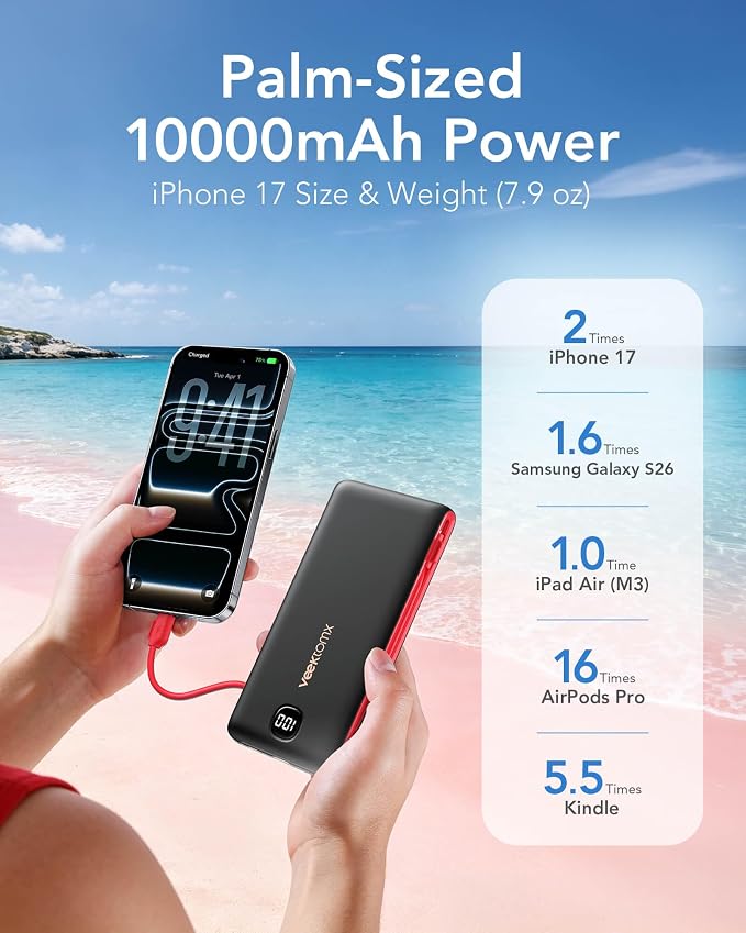 VEEKTOMX Portable Charger with Built in Cables 10000mAh, Power Bank for iPhone with AC Wall Plug, Fast Charging USB C Slim Battery Pack with LED Display Compatible with iPhone 17/16/15, Samsung