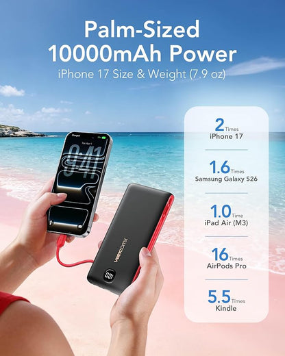 VEEKTOMX Portable Charger with Built in Cables 10000mAh, Power Bank for iPhone with AC Wall Plug, Fast Charging USB C Slim Battery Pack with LED Display Compatible with iPhone 17/16/15, Samsung