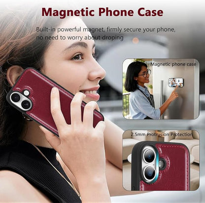 Wallet Case for iPhone 17 with Card Holder/Crossbody Wallet/Strap,[RFID Blocking][Magnetic] PU Leather Phone Case for iPhone 17,6.3 in,Wine Red