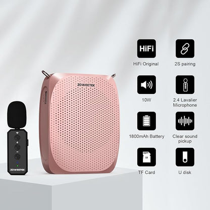 ZOWEETEK Voice Amplifier with Wireless Lavalier Lapel Microphone, Personal Teacher Microphone, Portable Speaker Clip On Microphone, Mini Voice Amplifier for Speech, Meeting, Yoga