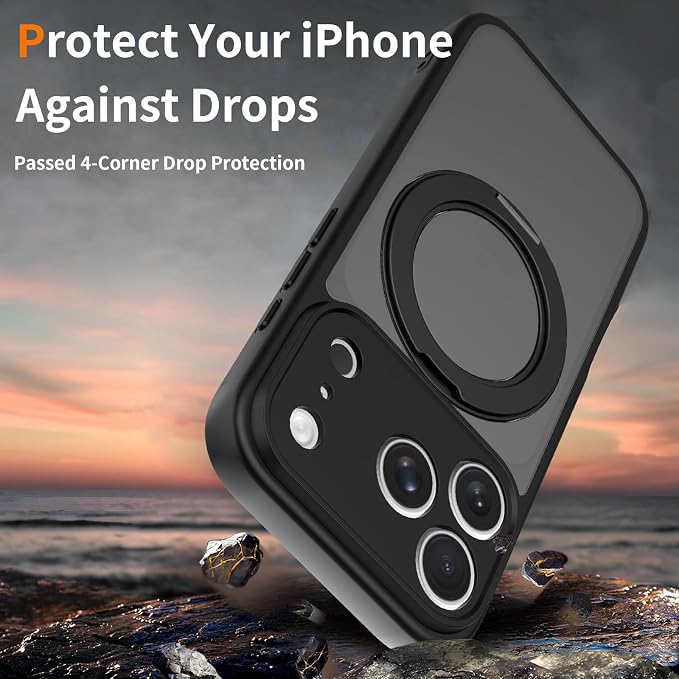 Magnetic iPhone Case [Compatible with MagSafe], Shockproof Translucent Matte Phone Case for iPhone 17 Pro Max, iPhone 17 Pro (with 360° Rotatable Ring Holder Stand) (Black, iPhone 17 Pro)