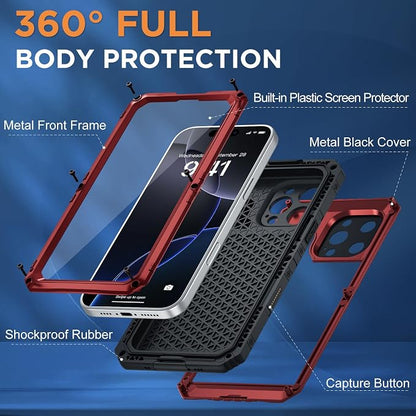 Beasyjoy for iPhone 16 Pro Case Waterproof, Metal Heavy Duty Full Body Protective Case with Built-in Screen Protector, Military Grade Shockproof Dustproof Defender Cover for iPhone 16 Pro 6.3", Red