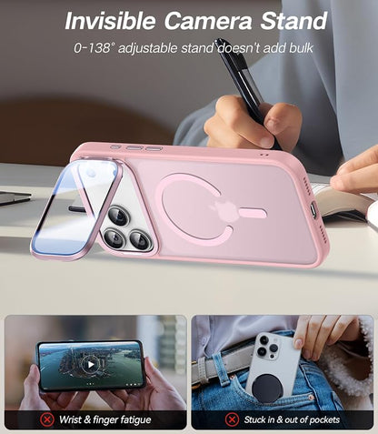 [Upgraded Full Camera Protection] for iPhone 17 Pro Case with Camera Cover Stand [Fit for MagSafe][10FT Mil-Grade Protection] Translucent Magnetic iPhone 17 Pro Phone Case, Pink