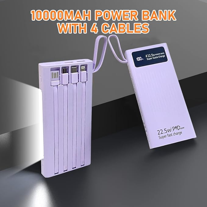 Portable Charger with Built in Cables,Mandarooker 10000mAh Power Bank with LED Lamp Fast Charging USB C External Battery Pack Phone Charger with LED Display for iPhone, Samsung and Cell Phones(Purple)