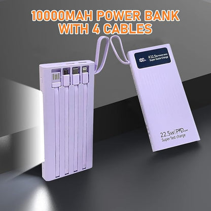 Portable Charger with Built in Cables,Mandarooker 10000mAh Power Bank with LED Lamp Fast Charging USB C External Battery Pack Phone Charger with LED Display for iPhone, Samsung and Cell Phones(Purple)