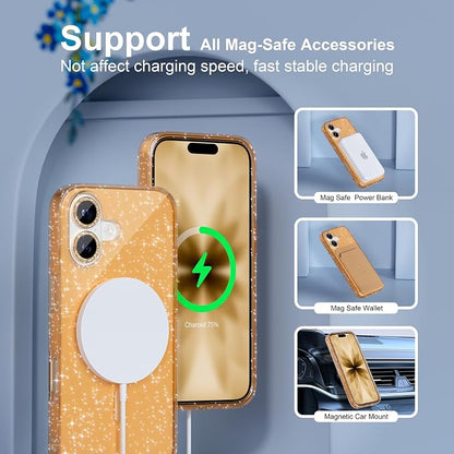 Choiche Magnetic for iPhone 17 Case Compatible with MagSafe, Women Cute Glitter Sparkly Phone Case with Diamond Camera Lens Protectors, Military-Grade Drop Protection 6.3" (Gold)