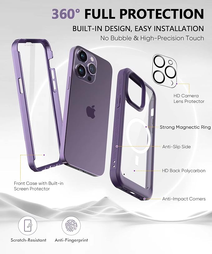 Compatible with iPhone 14 Pro Case, Built-in Screen Protector, with Camera Lens Protector, [Compatible with MagSafe] Full Body Phone Case, Magnetic Protective Cover for 14Pro 6.1" (Purple)