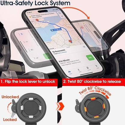CQ Bike Phone Mount - Motorcycle Cell Phone Holder with Secure Dual Lock, 1-Hand Quick Snap & Twist Release, Stable Aluminum Stem/Handlebar Clamp for e-Scooter, eBike, MTB, Mountain & Road Bicycle