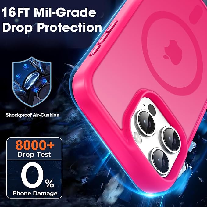 MOCCA Strong Magnetic for iPhone 16 Pro Phone Case, [Compatible with Magsafe][16FT Mil-Grade Drop Protection] Slim Thin Translucent Matte Protective Cover Case for iPhone 16 Pro Case, Hot Pink