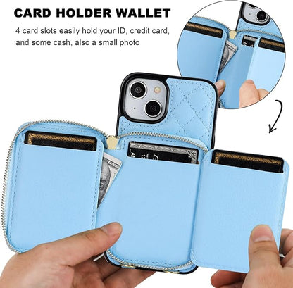 Bocasal Crossbody Wallet Case for iPhone 14, RFID Blocking PU Leather Zipper Handbag Purse Flip Cover, Kickstand Folio Case with Card Slots Holder Wrist Strap Lanyard 5G 6.1 Inch (Blue)