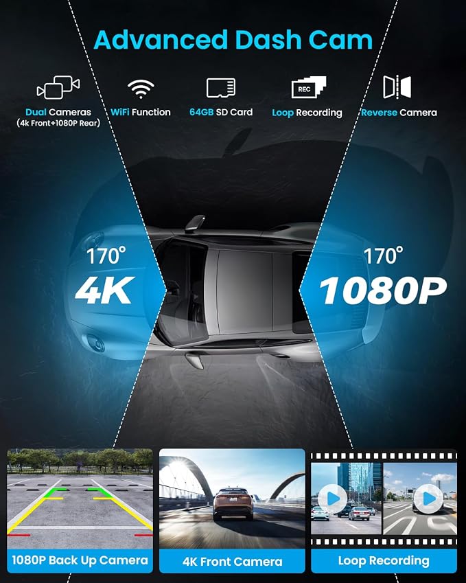 Portable Apple Carplay Screen, 10’’ Car Stereo Wireless Car Play & Android Auto Touch Screen, 4K Dash Cam, 1080P Backup Camera, Mirror Link/Voice Control/Music Play/GPS Navigation