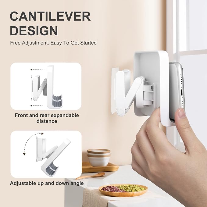Shower Phone Holder, Shower Phone Mount with 3PCS Adhesive Stickers Wall Mount Phone Holder for Bathroom Bedroom Kitchen Compatible with iPhone Series, Other Smartphones and Ipad, White