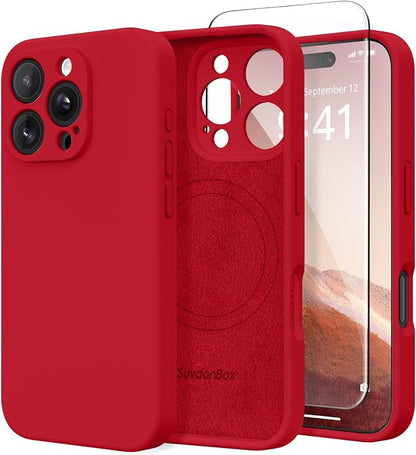 Magnetic for iPhone 16 Pro Case, Compatible with MagSafe, [Full Camera Protection][Screen Protector] Silicone Shockproof Protective Phone Case for iPhone 16 Pro 6.3", Deep Red
