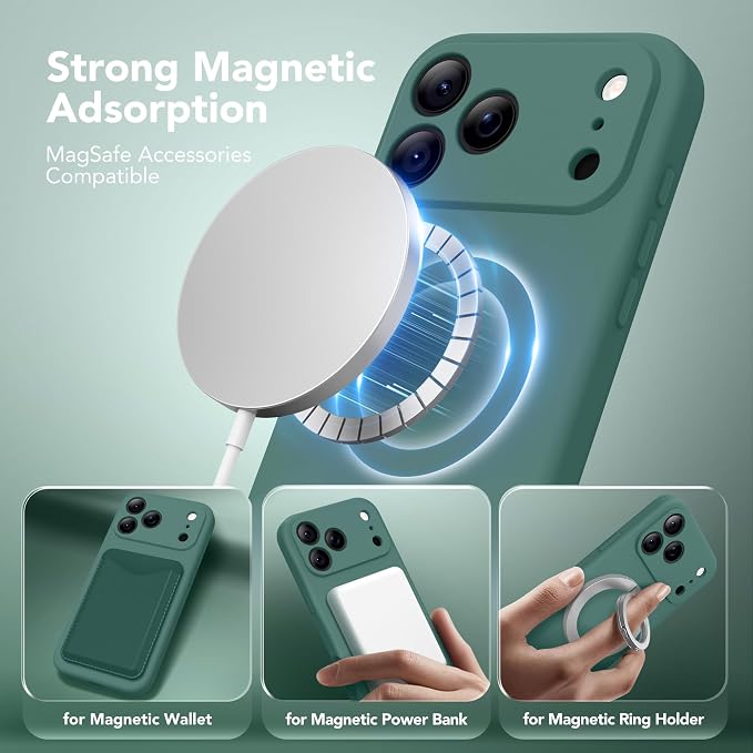 Magnetic for iPhone 17 Pro Max Case, Compatible with MagSafe, [Full Camera Protection][Screen Protector] Silicone Shockproof Protective Phone Case for iPhone 17 Pro Max 6.9", Midnight Green
