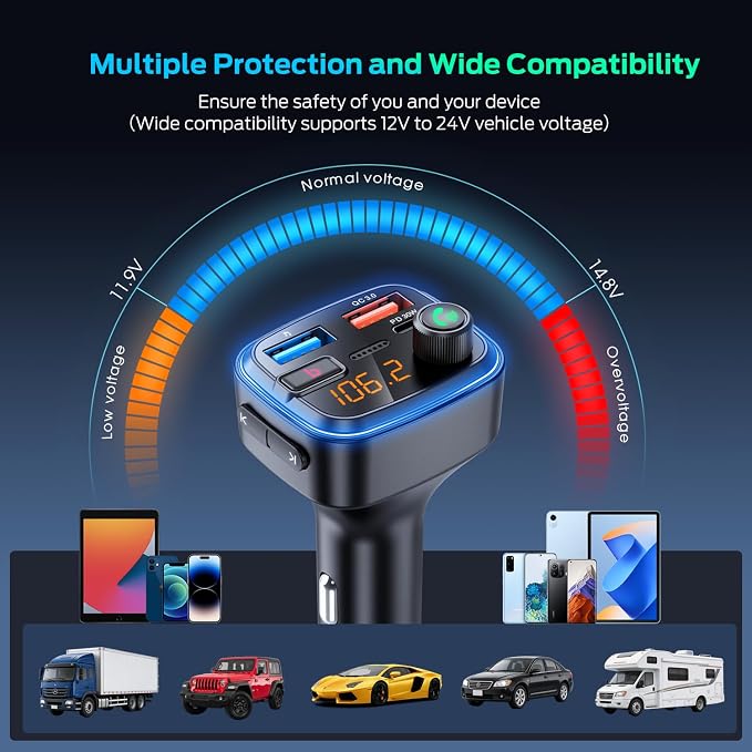 Bluetooth 5.4 Car Adapter, Wireless FM Transmitter with Deep Bass Player, 48W Fast Charging Bluetooth Adapter for Car, Hands-Free Calling & Audio Receiver, MP3 Music Player, Support USB Drive