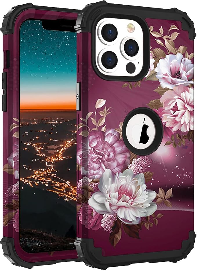 Hocase for iPhone 13 Pro Case, Heavy Duty Shockproof Protection Soft Silicone Rubber+Hard Plastic Bumpers Hybrid Protective Case for iPhone 13 Pro 6.1" 2021 - Royal Purple Flowers