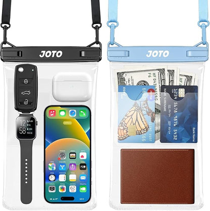 JOTO 2 Pack Large Waterproof Phone Pouch Bag, IPX8 Big Underwater Dry Bag with Lanyard for iPhone 17 Air 16 15 14 Plus Pro Max, Galaxy S24 S23 Ultra, Airpods Cash Credit Card Essentials -Black & Blue