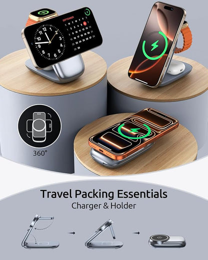 3-in-1 Wireless Charging Station for MagSafe,Foldable Magnetic Stand for iPhone 17/16/15-12 Series, Apple Watch/AirPods,Fast Charger for Qi Phones - Ideal for Home/Office/Travel (Gray, Normal)