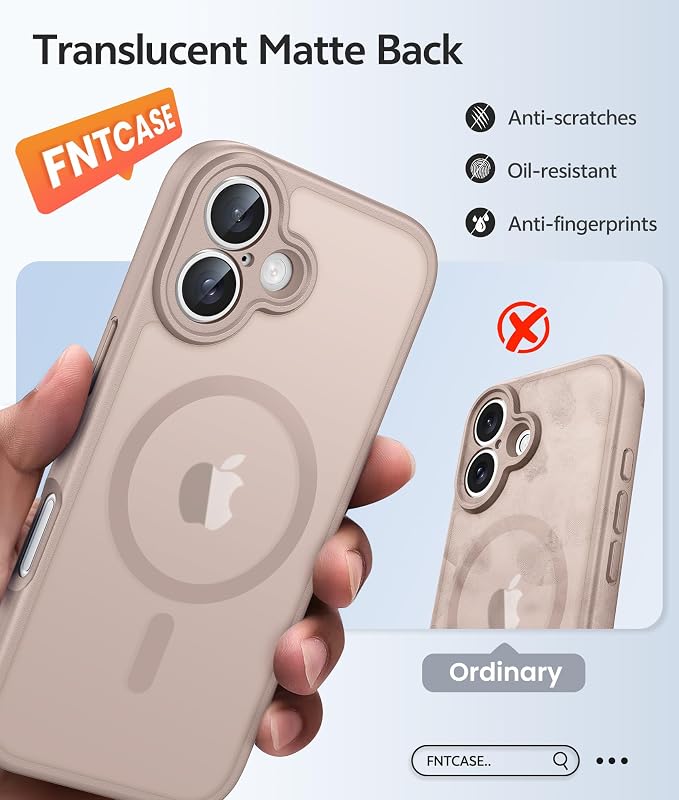 FNTCASE for iPhone 16 Case, Fit for Magsafe, Screen Protector, Desert Gold | Full Camera Protection, Translucent Matte, 14FT Military Grade Drop Proof, Shockproof Protective Phone Cover