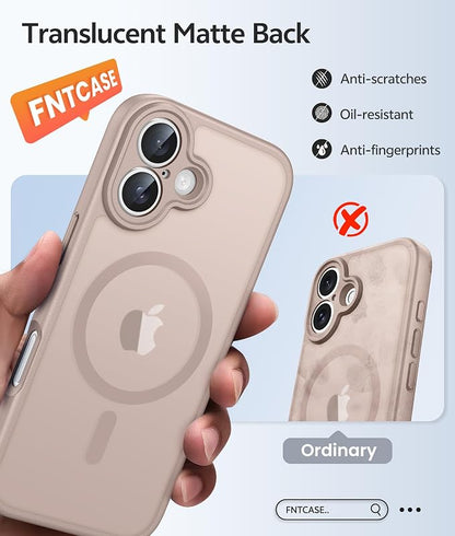 FNTCASE for iPhone 16 Case, Fit for Magsafe, Screen Protector, Desert Gold | Full Camera Protection, Translucent Matte, 14FT Military Grade Drop Proof, Shockproof Protective Phone Cover