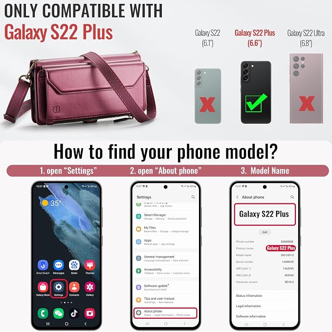 Strapurs Crossbody Wallet Case Compatible with Samsung Galaxy S22 Plus RFID Blocking Card Holder Soft PU Leather Magnetic Snap Strap Zipper Pocket Phone Case Fit for Galaxy S22+/ S22 Plus - Wine Red