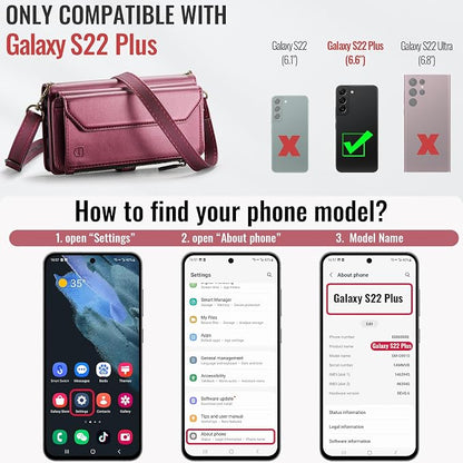 Strapurs Crossbody Wallet Case Compatible with Samsung Galaxy S22 Plus RFID Blocking Card Holder Soft PU Leather Magnetic Snap Strap Zipper Pocket Phone Case Fit for Galaxy S22+/ S22 Plus - Wine Red
