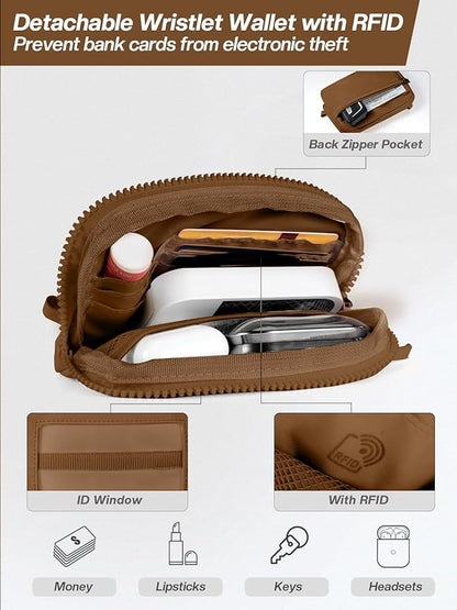 Clip and Go Strap for Phone with Wallet Crossbody Phone Lanyard Adjustable and Detachable RFID Wristlet Wallet with ID Window and Zipper, Brown